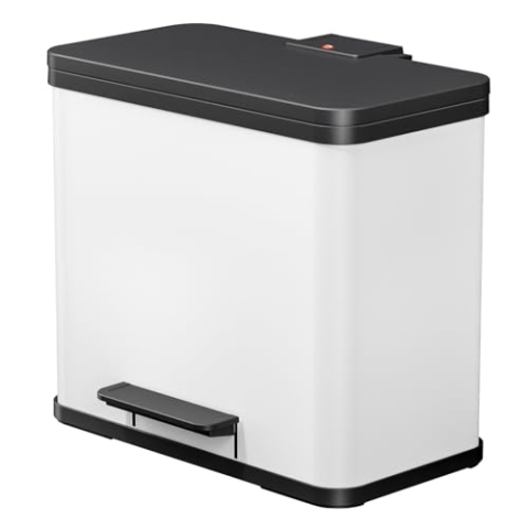 Hailo Öko duo Plus L Tret-Mülltrenner - freistehender 17+9 Liter Doppelmülleimer aus Stahlblech - Mülltrennsystem mit soft close Deckel - 2-fach Abfalltrenner für die Küche - Weiß