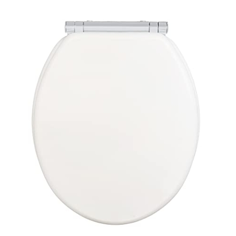 WENKO WC-Sitz Morra, Toilettensitz mit durchgehendem Scharnier und Absenkautomatik aus mehrfach lackiertem FSC-zertifiziertem MDF, WC-Deckel mit Fix-Clip Hygienebefestigung, 35 x 42 cm, Weiß matt