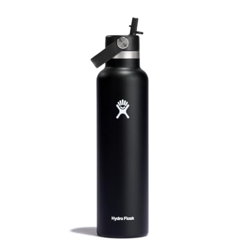 HYDRO FLASK - Trinkflasche 709ml (24oz) mit Flex Straw Deckel - Vakuumisolierte, Wiederverwendbare Flasche aus Edelstahl - Auslaufsicherer Deckel - Heiß & Kalt - Standard Mouth, BPA-frei - Black