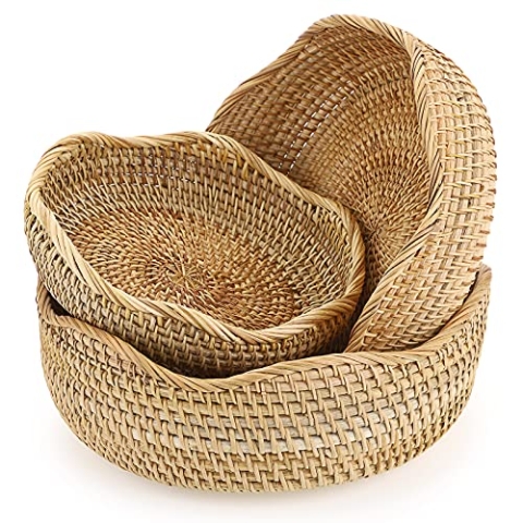 Sumnacon Set mit 3 runden geflochtenen Rattan-Obstkorb, Brot, Servierkörbe, Snack-Aufbewahrungsschalen, Tisch, Schreibtisch, Arbeitsplatte, dekorative Aufbewahrungskörbe, gewellter Rand