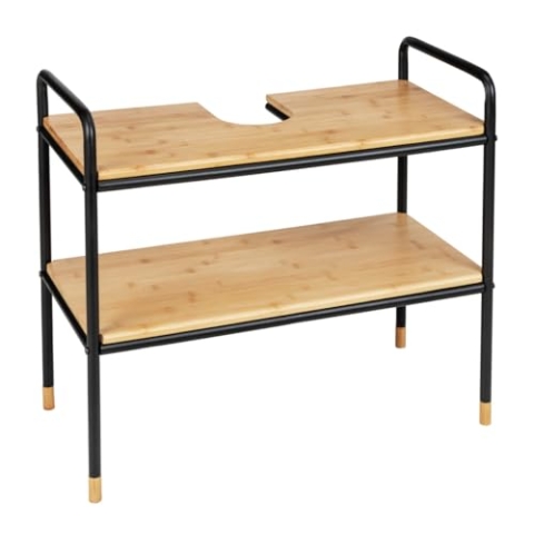 WENKO Waschbeckenunterschrank Loft mit 2 Ablagen aus FSC®-zertifiziertem Bambus, zur Aufbewahrung von Handtüchern/Badutensilien, Rahmen aus pulverbeschichtetem Metall, 70 x 60 x 33,5 cm, Natur/Schwarz