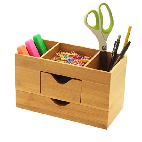 Woodquail Schreibtisch-Organizer Stifthalter mit 2 Schubladen, aus Natürlichem Bambus