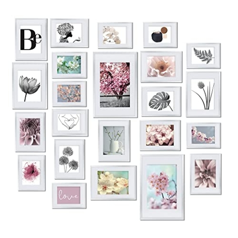 bomoe 24er Bilderrahmen Set Blossom – 10x 10x15 cm, 8X 13x18 cm, 4X 15x20 cm, 2X 20x30 cm Fotorahmen Collage Bilderrahmen mit Passepartout - Bilder Rahmen aus Kunststoff & Kunststoffglas Weiß