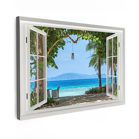 MuchoWow Leinwand Bilder, Einzigartige Wanddeko mit Rahmen, Aussicht - Baum - Meer - Palme - Hügel - Strand - Blau, Wandbilder Wohnzimmer, Deko Schlafzimmer 120x80 cm