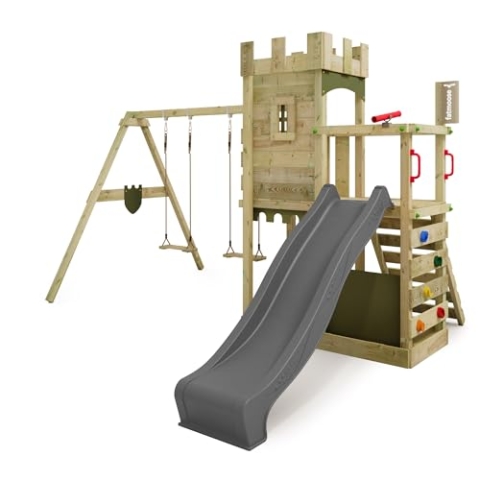 FATMOOSE Spielturm Ritterburg BoldBaron Boost XXL mit Schaukel & anthraziter Rutsche, Outdoor Kinder Kletterturm mit Sandkasten Leiter & Spiel-Zubehör für den Garten
