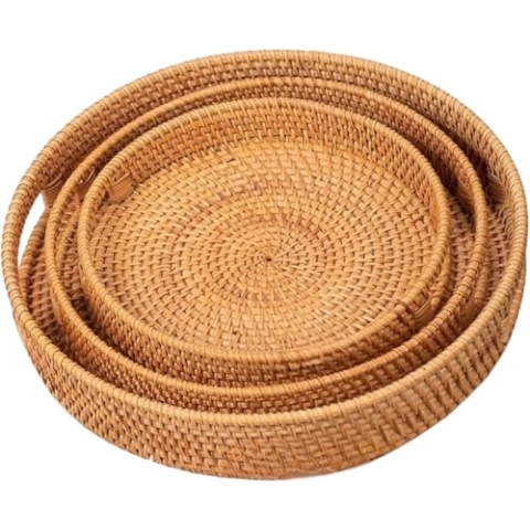 Dudoplatz Rundes Rattan Serviertablett mit Ausgeschnittenen Griffen, Handgeflochtenes Dekoratives Tablett, einsetzbar für Frühstück, Getränke, Snacks und Kerzen (3er-Set: 25 cm, 30 cm, 35 cm)