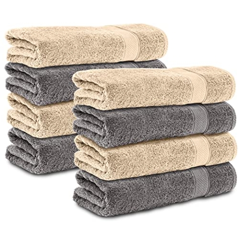 Komfortec 8er Handtücher 50x100 cm Set aus 100% Baumwolle, Frottee, Weich, Anthrazit Grau/Beige