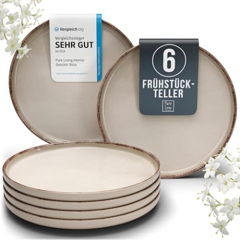 Steingut Frühstücksteller 6 Pers. Rustic Hochwertiges Landhausstil TEST SEHR GUT Dessertteller Set - Kuchenteller spülmaschinen- und kratzfest - Kleine Teller, Salatteller Pure Living in Beige