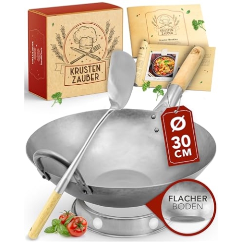 KRUSTENZAUBER 30cm Wokpfanne Induktion flacher Boden - Traditionelle Stahlwokpfanne mit Wokwender u. Wokring - Wok Pfanne, Wok Induktion, Woklette, Wok Zubehör, Carbon Steel Wok Karbonstahl