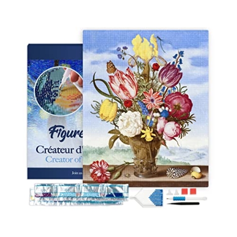 Figured'Art Diamond Painting Erwachsene 40x50cm Mit Rahmen Ganze Leinwand gespannt Blumenstrauß Ambrosius Bosschaert 5D Bilder Eckige Steine - DIY Set Basteln