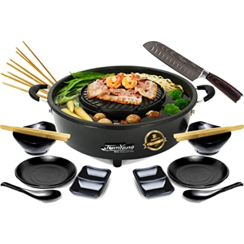 TomYang® Elektrischer Hot Pot mit Premium Zubehör - Original Thai Grill und Hot Pot. Die gesunde Schlankmacher-Küche aus Fernost als Tischgrill, Elektrogrill und Asia Fondue