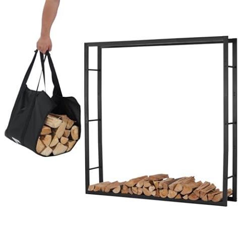 Lendo Online Kaminholzregal + Tragetasche - Innen & Außen - Feuerholzregal - Kaminholzständer - Brennholzregal - Schwarz - Metall (148x25x148cm)