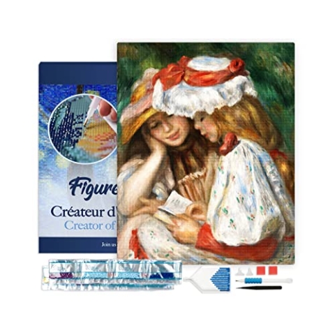 Figured'Art Diamond Painting Erwachsene 40x50cm Mit Rahmen Ganze Leinwand gespannt Zwei Lesende Mädchen Renoir 5D Bilder Eckige Steine - DIY Set Basteln