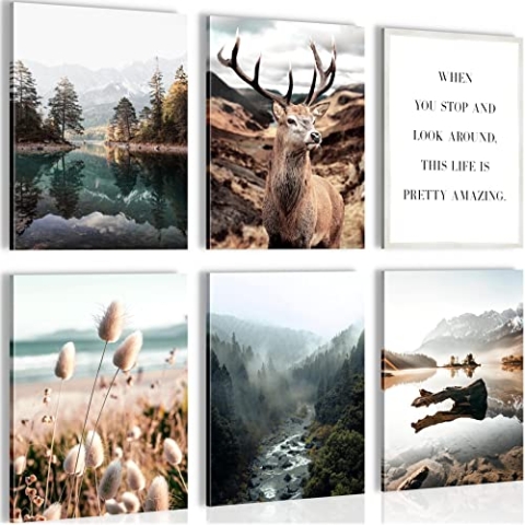 Novart Wandbilder - KEIN EXTRA RAHMEN BENÖTIGT - Wohnzimmer Schlafzimmer - Bilder Modern Wald Hirsch - Natur Berge - N013265a