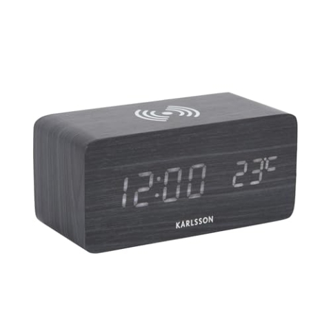 Karlsson Wecker Block w. Phone Charger LED - Schwarz - 7.4x15x7.1cm - Rechteck - MDF - Wecker für Schlafzimmer