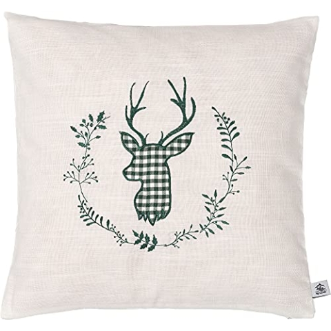 Zirbenkissen beige grün Bestickt mit Hirsch Größe 40x40 cm befüllt mit Zirbenflocken aus Zirbenholz in extra Inlett