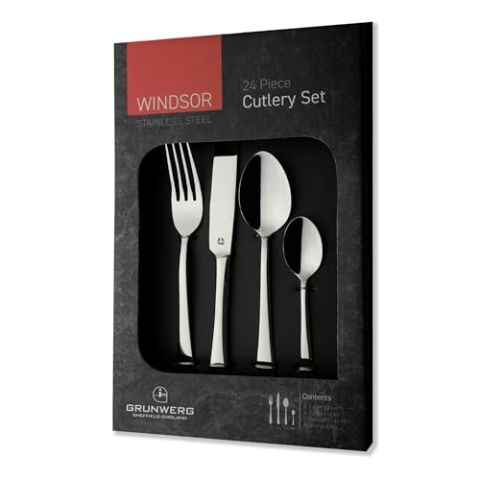 Grunwerg Luxus 24-teilig Besteck Set in einer Geschenkbox – WINDSOR STIL, 18/10 Edelstahl, gemischte Besteckset