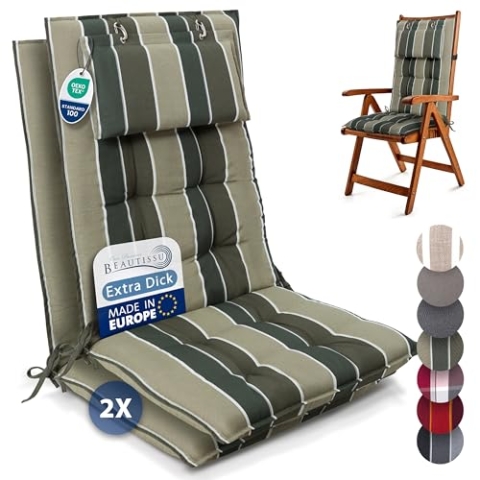 Beautissu 2er Set Premium Hochlehner Auflage mit Kopfpolster 120x50cm Sun-HL – 8cm Dick Polster Gartenstuhlauflage rutschfest Befestigungsbänder UV-Lichtechtheit 5 – Robust Stoff Grün Gestreift