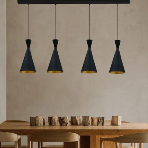 bamyum Pendelleuchte Esstisch 4 Flammig Schwarz Gold, Hängelampe Esstisch Vintage, Esstischlampe, Lampenschirm Hängelampe Schwarz Gold, Pendelleuchte Esstisch Wohnzimmer Esszimmerlampe Vintage