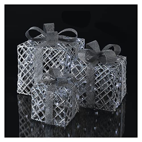 EMOS Silberne LED Weihnachtsgeschenke mit breitem Schleifenband und dekorativer Schleife, 3 Stk Weihnachtsdekoration, Kaltweiß, 3m Kabel, Netzteil mit Timer, IP20 für Innenbereich