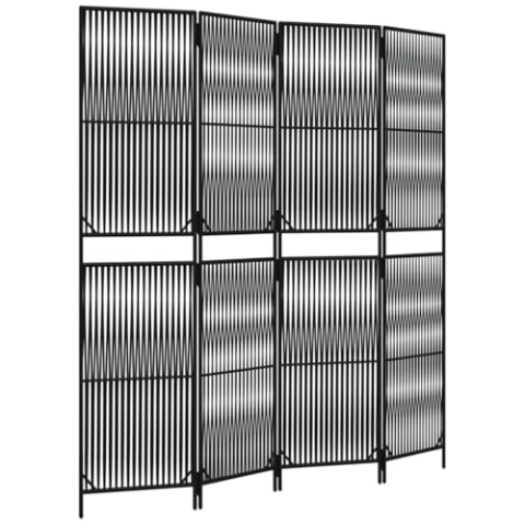 vidaXL Paravent 4-TLG., Raumteiler Linien-Webdesign Faltdesign, Trennwand Sichtschutz für Innen Außen, Spanische Wand Raumtrenner, Schwarz Poly Rattan