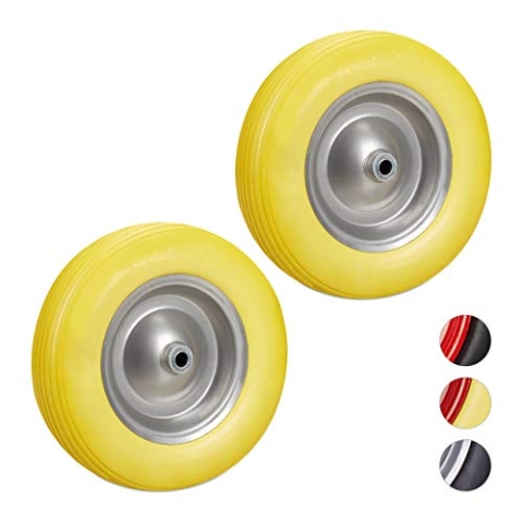 2 x Schubkarrenrad 4.80 4.00-8 im Set, Vollgummireifen u. Stahlfelge, Ersatzrad pannensicher, 100kg Traglast, gelb-grau