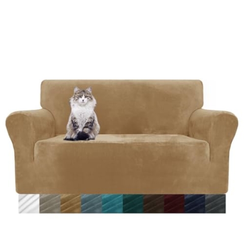 MAXIJIN Thick Velvet Sofabezüge 2-Sitzer Super Stretch rutschfeste Loveseat-Bezüge für Wohnzimmer Hunde Katze Haustier Plüsch Liebessitz Couch Schonbezüge Elastic Furniture Protector (2 Sitzer, Kamel)