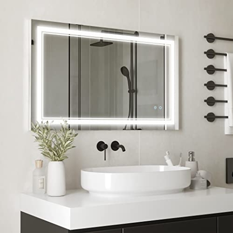 kleankin Badspiegel, Badezimmerspiegel mit LED-Beleuchtung, Wandspiegel mit Touchschalter, 3 Lichtfarben, Lichtspiegel IP44 Wasserdicht, 100 x 60 cm