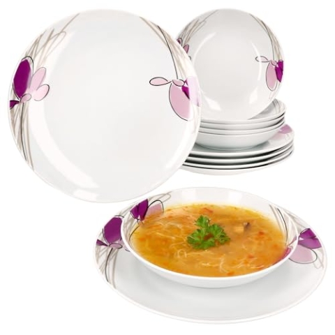 MamboCat Viola 12tlg Tafelservice I Porzellan-Geschirr mit Blumen-Dekor für 6 Personen I 6x Suppenteller & 6x Speiseteller für Frühstück, Mittag & Abendbrot