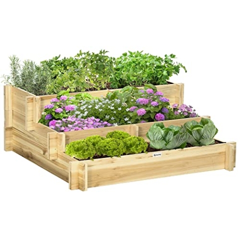 Outsunny Hochbeet Holz, 3-stufige Pflanzbeet, Frühbeet mit Stoffauskleidung, Gartenbeet Blumenkasten Gemüsebeet 93x93x35cm für Balkon, Garten, Pflanzkasten für Blumen, Gemüse, Kräuter, Natur
