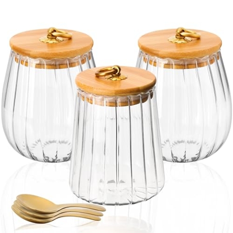 BELLE VOUS 3er Pack Glas Behälter zur Aufbewahrung von Lebensmitteln - 650-700ml Overnight Oats Gläser Set - 3x Meal Prep Glas mit luftdichten Deckeln & Löffeln - 3er Set Vorratsglas