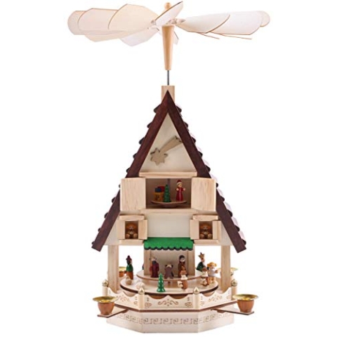 BRUBAKER Weihnachtspyramide Adventshaus 49 cm - Weihnachtskrippe auf 4 Etagen - Kerzenpyramide mit 4 Kerzenhaltern aus Metall - Holz Natur - handbemalte Figuren