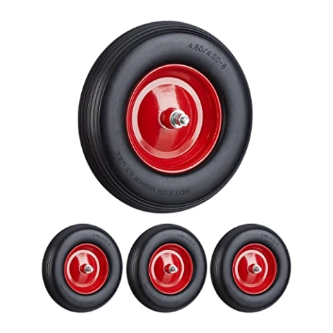 Relaxdays 4 x Schubkarrenrad Vollgummi mit Achse, 4.80 4.00-8 Gummirad, pannensicher, 100kg Tragkraft Ersatzrad, schwarz-rot