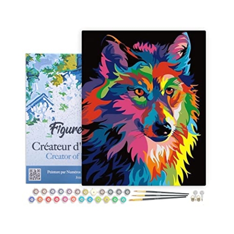 Figured'Art Malen Nach Zahlen Erwachsene Mit Rahmen Wolf Pop Art - Paint by Numbers Basteln DIY Bastelset 40x50cm - Leinwand gespannt auf Holzrahmen