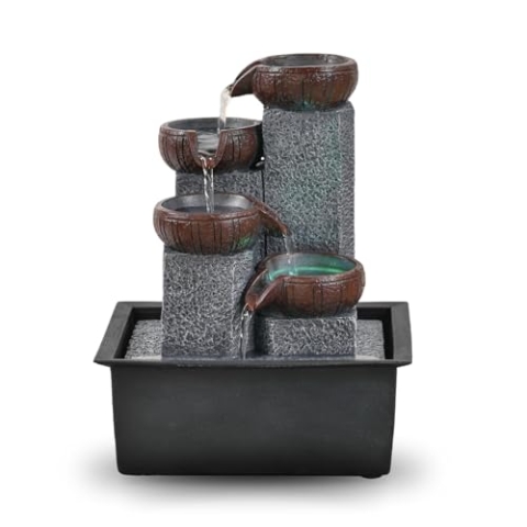 Zimmerbrunnen, Wasserfall, 4 Ebenen, Natursteineffekt, buntes LED-Licht, Innendekoration, Zen und elegant, Tischbrunnen, außergewöhnliche Geschenkidee, H 21 cm - Bkasi Zen'Light