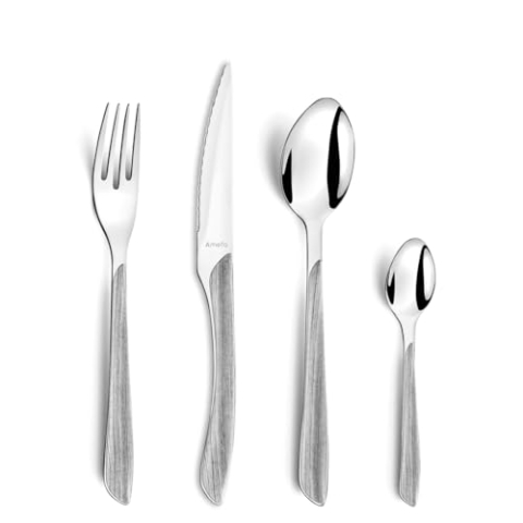 Amefa ECLAT Besteck Set NATURE Grau Holz Essbesteck 24-teilig für 6 Personen Edelstahl rostfrei Kunststoff-Griffschalen in Holzoptik spülmaschinenfest Besteck Set 6 Personen