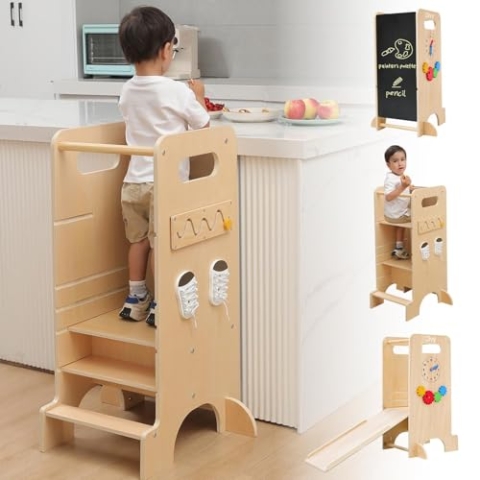 Olvy Kids 4-in-1 Montessori Lernturm - Learning Tower - Trittleiter Holz - Kindertritt 4 Stufen - Küchenturm Kinder - Steh Lernturm ab 1 Jahr - Kindertreppe Faltbar