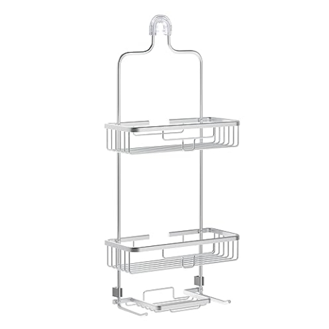 Zenna Home Hängende Duschablage mit 2 Ablagen, Seifenschale, Rasiererhalter und Haken, Satin Chrom - Rostfreies Duschregal ohne Bohren - Premium Duschkopf Organizer und Badezimmer Duschregale