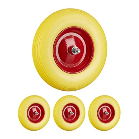 Relaxdays 4 x Schubkarrenrad Vollgummi mit Achse, 4.80 4.00-8 PU Gummirad, pannensicher, 100 kg Tragkraft Ersatzrad, gelb-rot