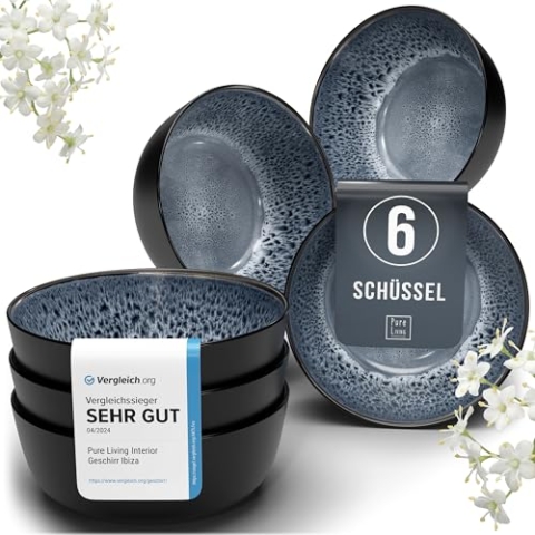 Steingut Müslischalen 6 Pers. Ibiza Hochwertiges Mediterranes TEST SEHR GUT Müsli Schüssel Set, spülmaschinen-, mikrowellen- und Kratzfest - Kleine Schüsseln, Müslischale - Pure Living in Rauchblau