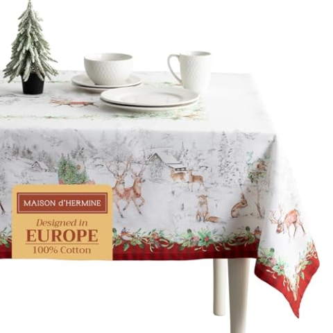 Maison d' Hermine Christmas Tradition 100% Baumwolle Tischdecke für Küche | Abendessen | Tischplatte | Dekoration Parteien | Hochzeiten | Thanksgiving/Weihnachten (140cm x 180cm)