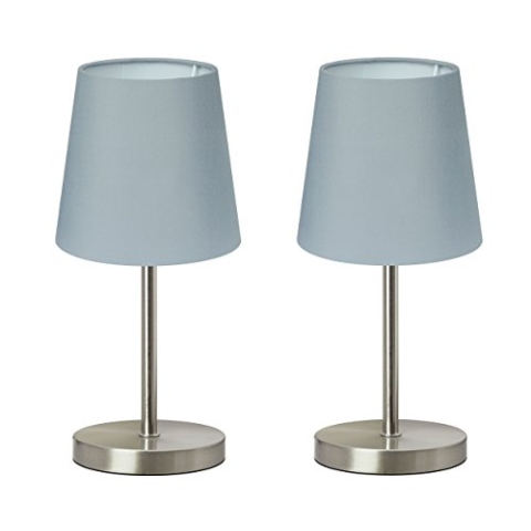 Trango 2er Pack Tischleuchte 2017-08G*2 Nachttischlampe mit E14 Fassung & Schnurschalter Schreibtischleuchte, Lampe *Grey* mit Stoffschirm in GRAU 170mm ?, Höhe: 350mm ohne Leuchtmittel