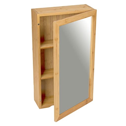 WENKO Spiegelschrank Bambusa, schmaler Bambus-Badezimmerschrank mit Spiegel, Magnetverschluss, Griffmulde und Zwei Mittelböden zur übersichtlichen Aufbewahrung von Bad-Accessoires, 35 x 60 x 15 cm