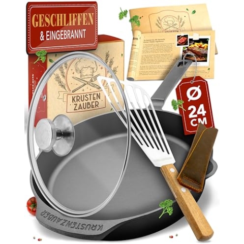 KRUSTENZAUBER Gusseisenpfanne Induktion 24cm inkl. Deckel und Pfannenwender - Geschliffene Pfanne Gusseisen, Eisenpfanne, Cast Iron Pan, Gusspfanne, Gusseiserne Pfanne, Gusseisen-Pfanne, Gusspfanne