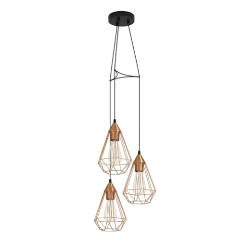 EGLO Pendelleuchte Tarbes, 3-flammige Vintage Hängelampe im Retro Look, Esszimmerlampe aus Metall in Kupfer und Schwarz, E27 Fassung, Ø 31 cm