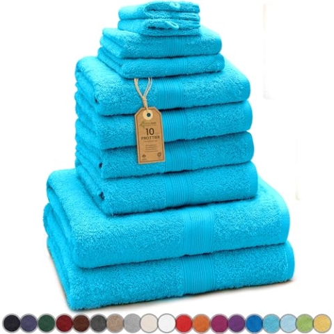 GREEN MARK Textilien 10 TLG. FROTTIER Handtuch-Set mit verschiedenen Größen 4X Handtücher, 2X Duschtücher, 2X Gästetücher, 2X Waschhandschuhe | Farbe: Türkis | Premium Qualität