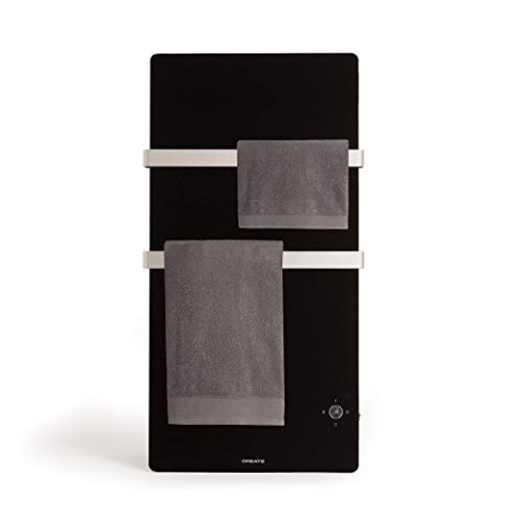 CREATE / WARM Towel Crystal/Elektrischer Badheizkörper Schwarz aus 1cm Glas mit Fernbedienung / 110x1.3x55cm, 600W, WLAN, Ultradünn, 2 Handtuchhaltern, geringer Verbrauch, LED-Display, Timer, IP34
