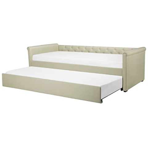 Beliani Elegantes Tandembett ausziehbar Polsterung beige Leinenoptik Libourne