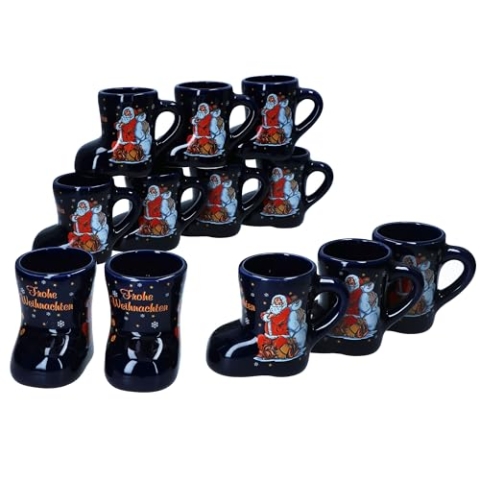 MamboCat 12er Set Glühweinstiefel dunkelblau mit Henkel I 200ml geeicht I Glühweinbecher mit Weihnachtsdekor & Schriftzug für 12 Personen I Keramik-Tasse für Tee, Eierlikör, Feuerzangenbowle