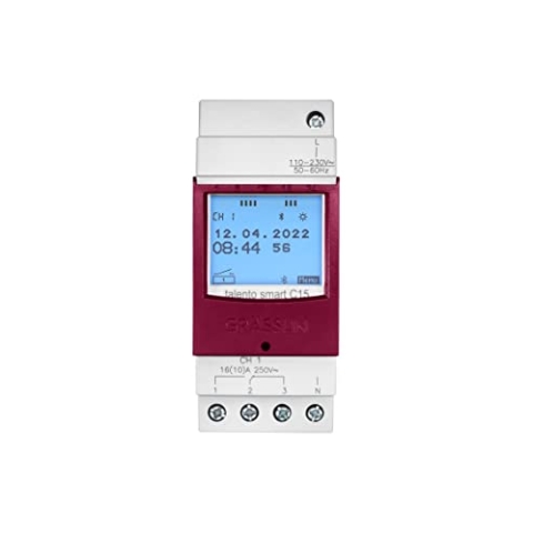 Grässlin 43.03.0001.1 talento smart C15 - Digitale Astro-Schaltuhr mit Bluetooth, App-Programmierung, Wochenprogramm und Gangreserve I 1-Kanal I 2TE I 500 Speicherplätze I Montage auf DIN-Schiene